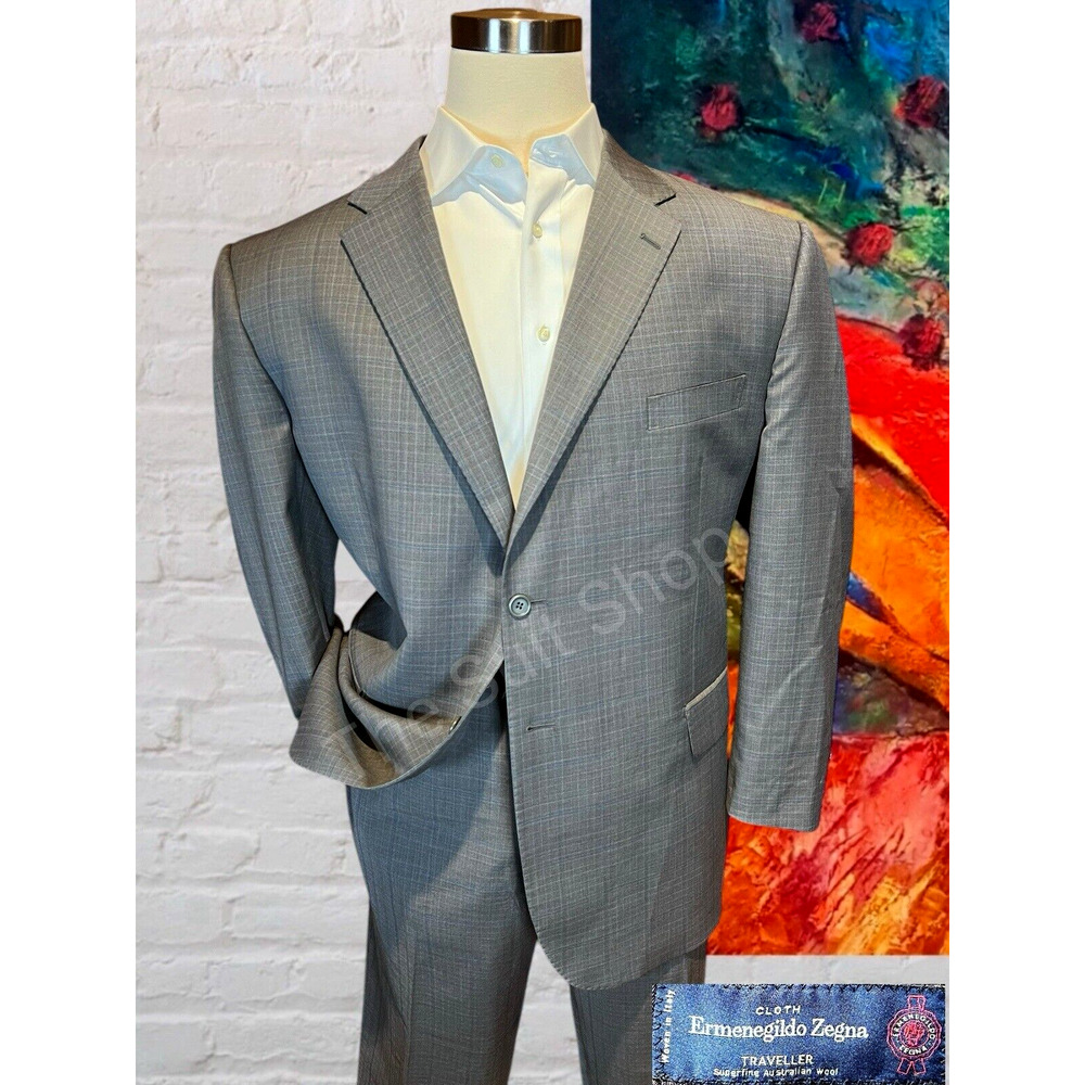 Ermenegildo Zegna Traveller 50R 46x28 Blue Gray Plaid Lightweight 2 Piece Suit